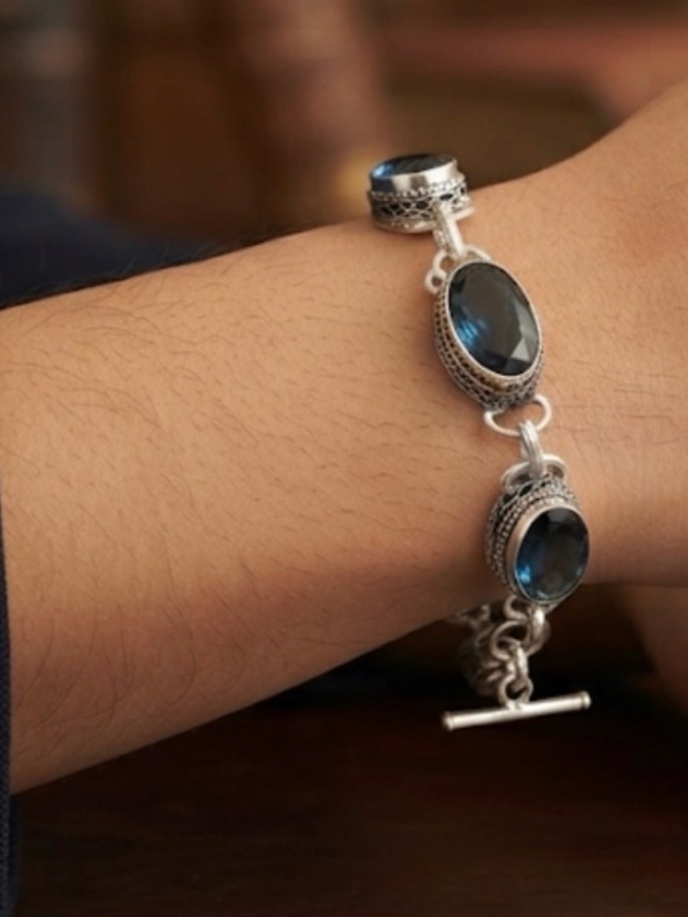 Sterling Silver925 Aquamarine Gemstone Link Bracelet